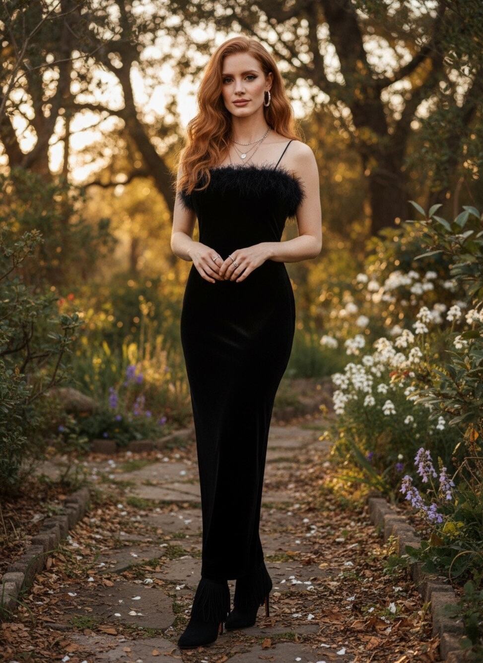 Y2K Velour Feather‑Trim Evening Gown